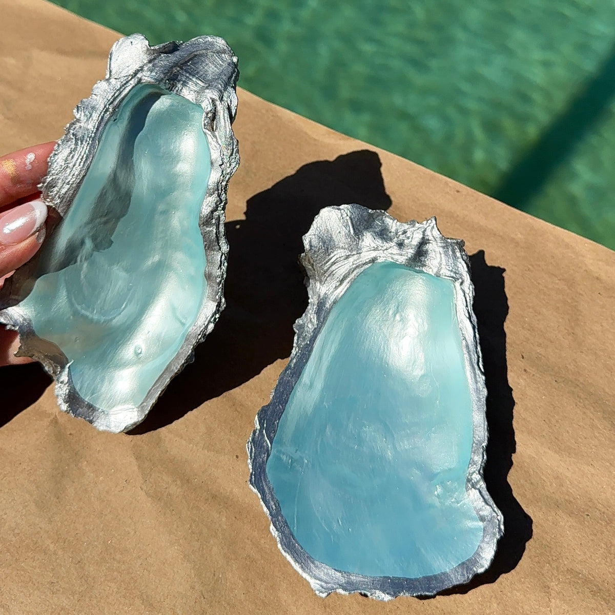 Pearlescent Silver Trim Oyster Dishes